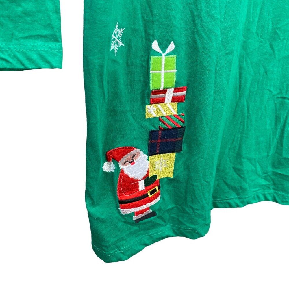 Christmas Tshirt 2XL 18/20 Green Embroidered Santa Casual Holiday Novelty Kitsch - Picture 5 of 10